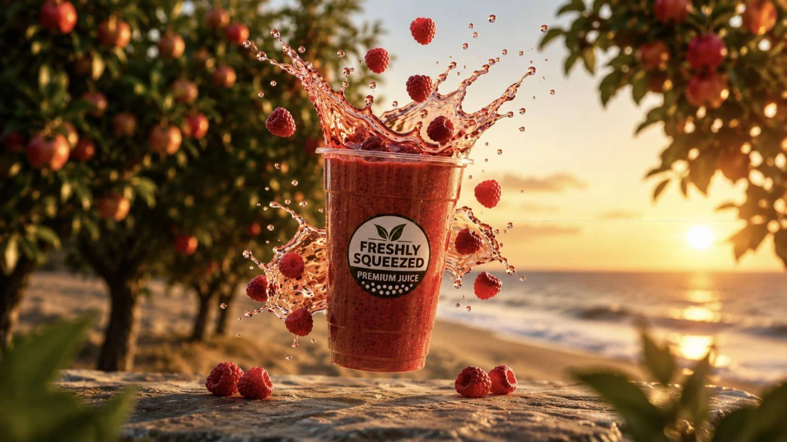 Freshly Squeezed raspberry smoothie splashing in front of a sunset orchard and beach