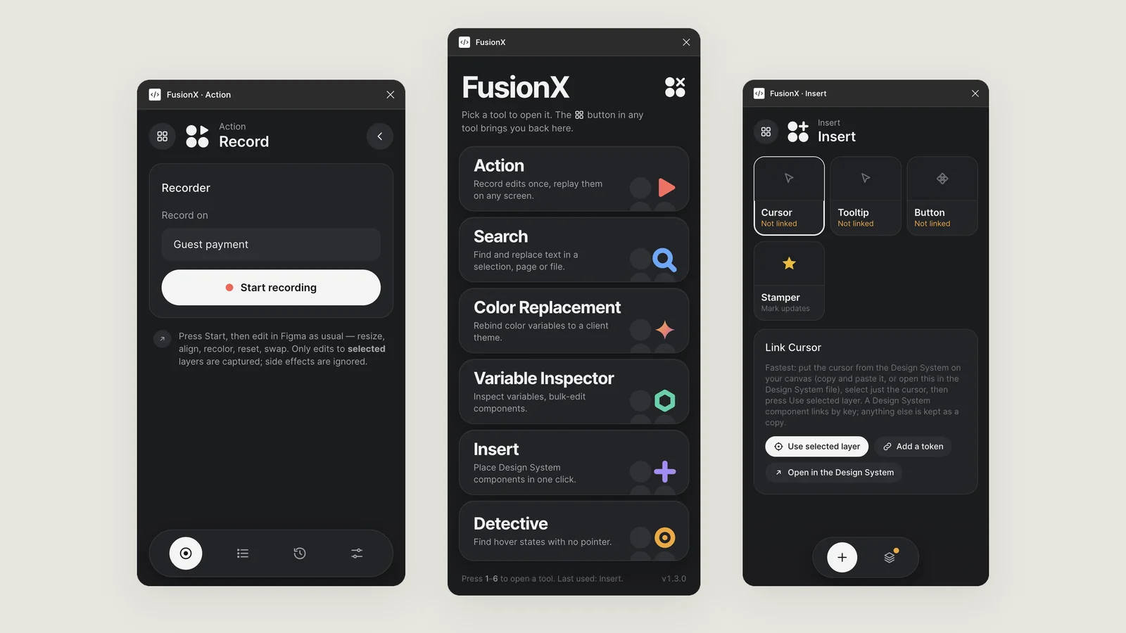 Three FusionX plugin panels side by side: the Action recorder, the home screen listing all six tools, and the Insert tool